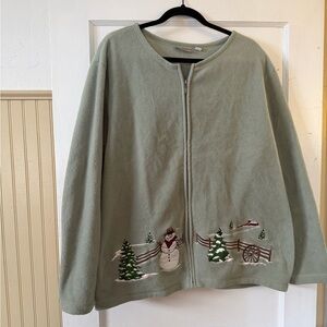 Plus size Christmas Warm Green Fleece Jacket with Snowman Embroidery